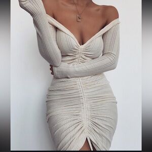 JLUXLABEL Cream Off-Shoulder Long Sleeve Dress